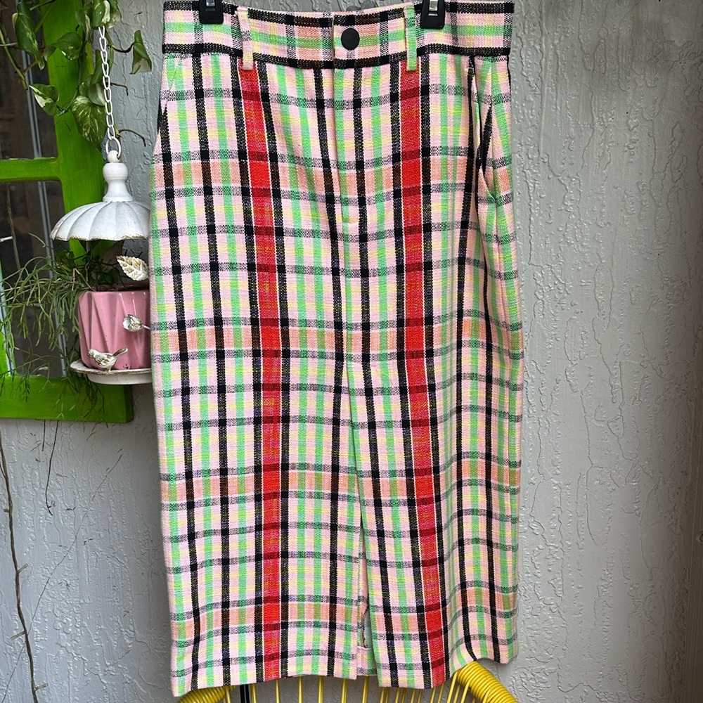 Zara Cream Plaid Midi Skirt with Pink, Red and Navy Checks